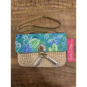 Lilly Pulitzer Straw Crossbody Clutch Purse In A Flutter Botanical Green NWT